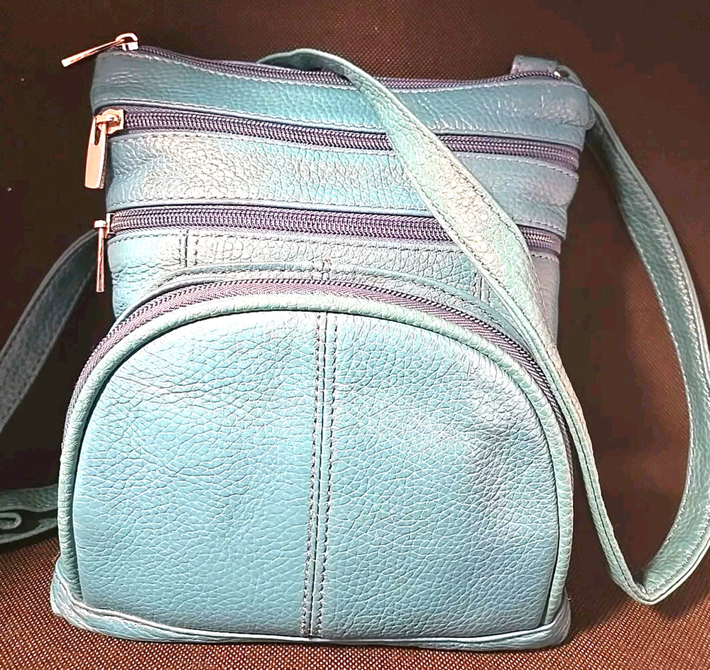 Genuine Cross Body Purse Bag, Multi-Pocket Teal Aqua Blue